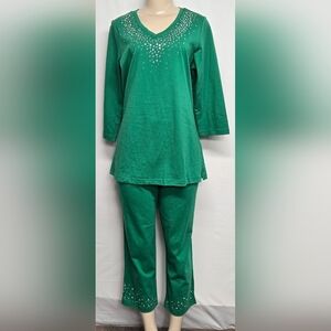 The Quaker Factory M Green Embellished 2 Pc Capri Set Cotton New